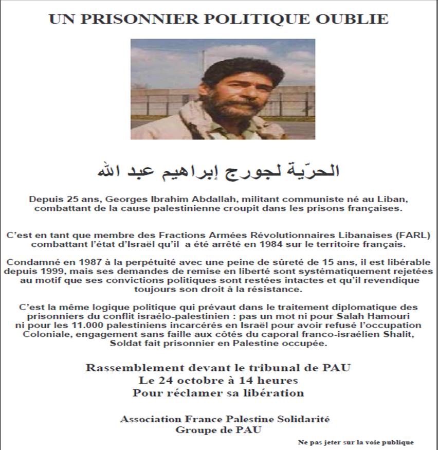 Tract Association France Palestine Solidarité pour Georges Abdallah